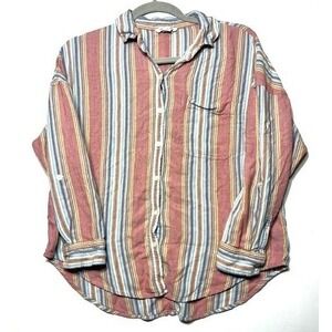 American Eagle Striped Linen Blend Button Coastal Shirt Small Roll Tab Sleeve